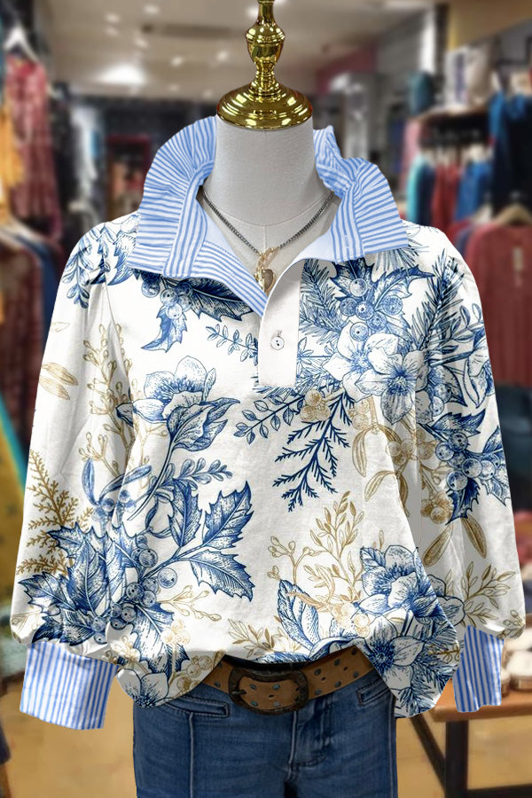 Casual Floral Print Striped Collar Top