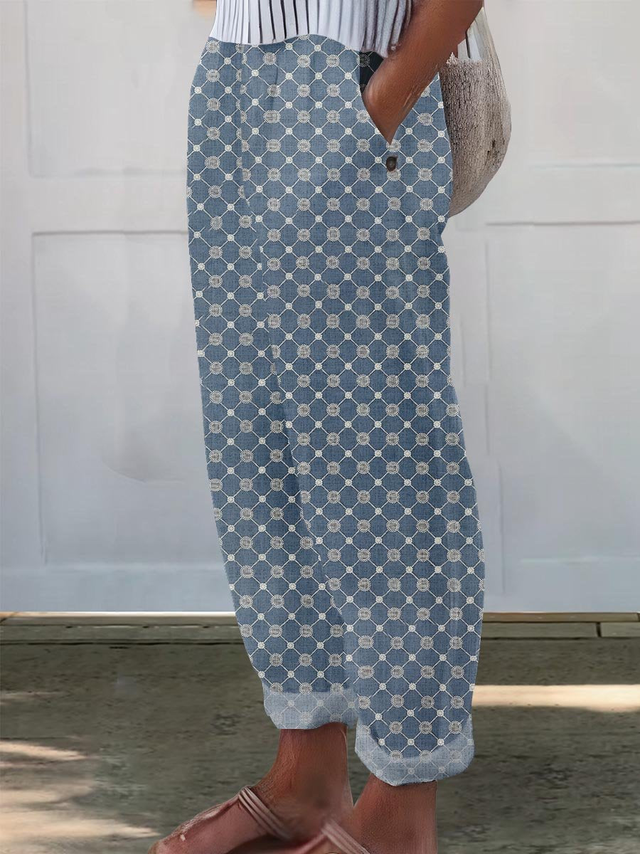 Women's Abstract Geometry Art Pattern Printed Cotton And Linen Casual Pants