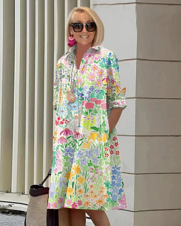 Vintage Floral Long Sleeve Pocket Shirt Dress