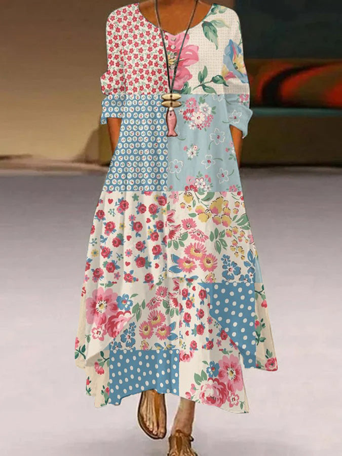 Women's Casual Double Layer Color Retro Floral Dress
