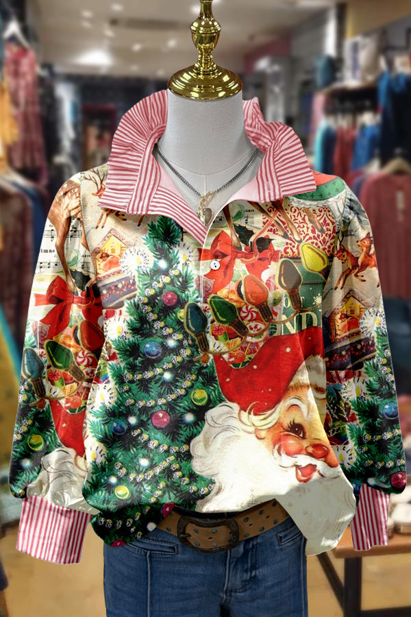 Chic Christmas Print Striped Collar Top