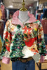 Chic Christmas Print Striped Collar Top