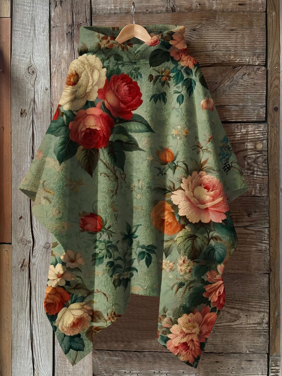 Retro Floral Art Print Hooded Warm Shawl