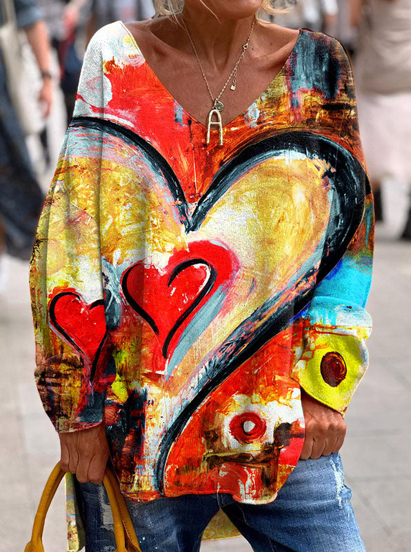 Retro Valentine's Day Art Heart Print V-Neck Top