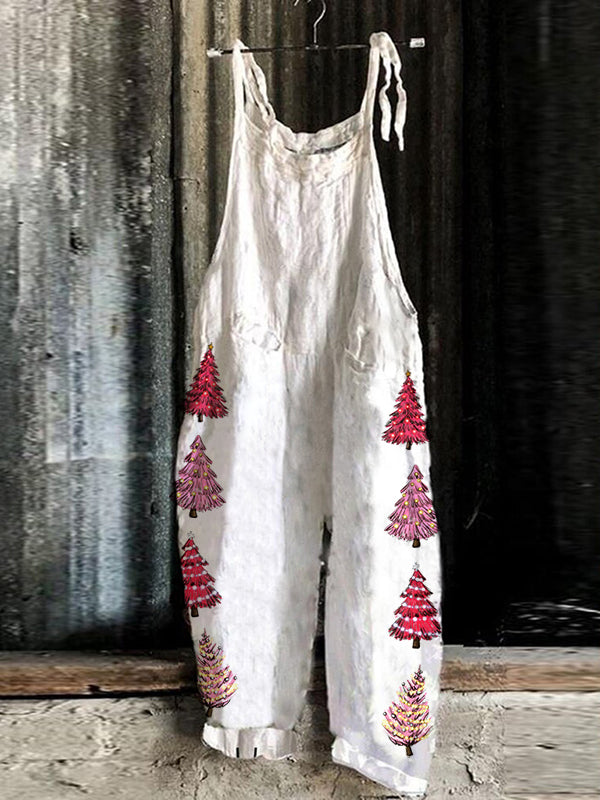 Ladies Pink Vintage Christmas Tree Print Casual Jumpsuit
