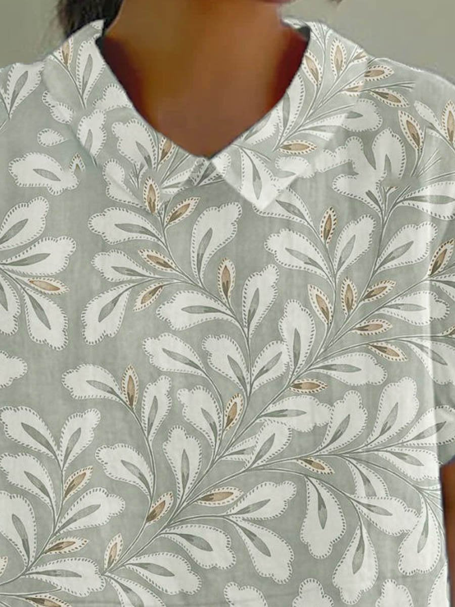 Women's Flower And Leaf Art Pattern Print Casual Cotton And Linen Shirt
