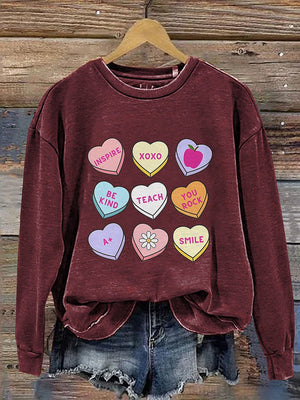 Teacher Conversation Hearts Valentine's Day Print Casual Sweatshirt