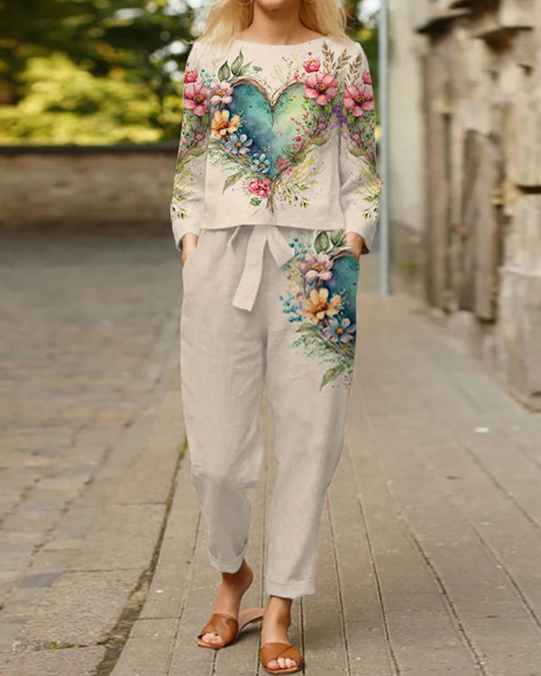 Casual Chic Valentine's Day Heart Print Two-Piece Set