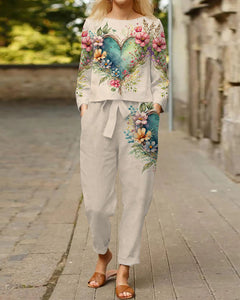 Casual Chic Valentine's Day Heart Print Two-Piece Set