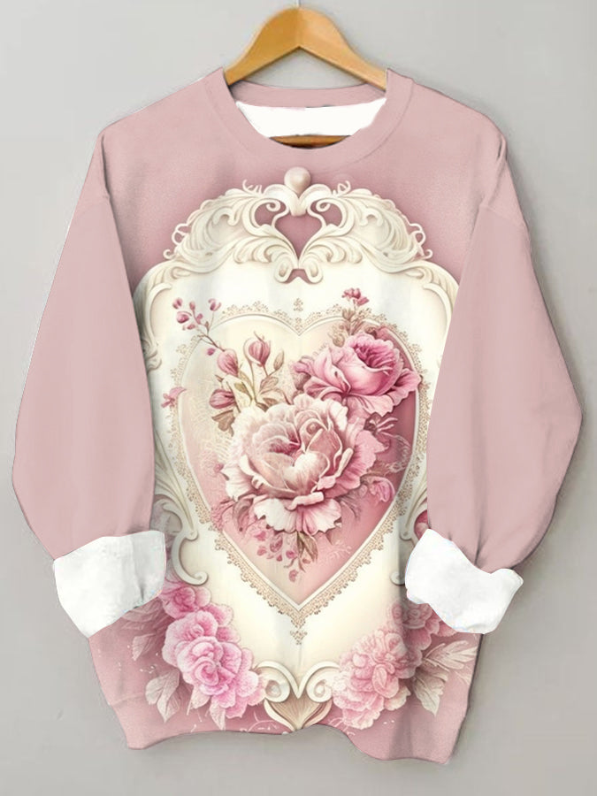 Pink Retro Romantic Valentine's Day Heart Print Crew Neck Sweatshirt