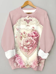Pink Retro Romantic Valentine's Day Heart Print Crew Neck Sweatshirt