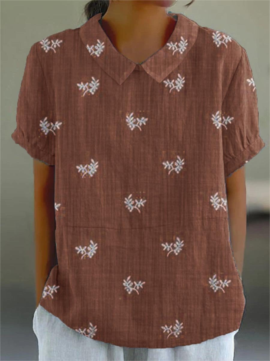 Women's Flowers And Leaves Casual Cotton And Linen Shirt