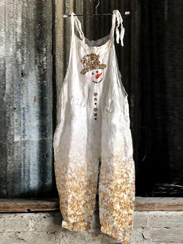 Ladies Christmas Snowman Print Casual Jumpsuit