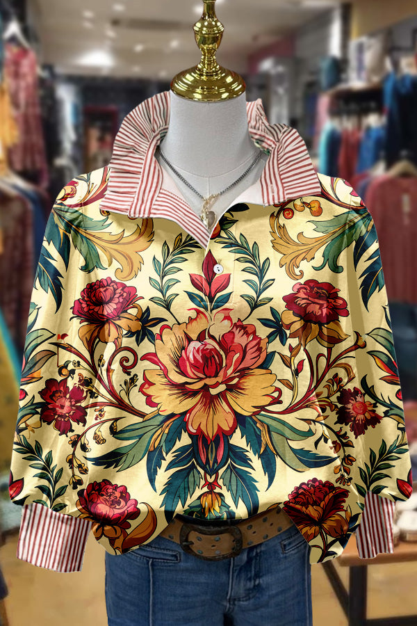 Floral Print Striped Long Sleeve Top