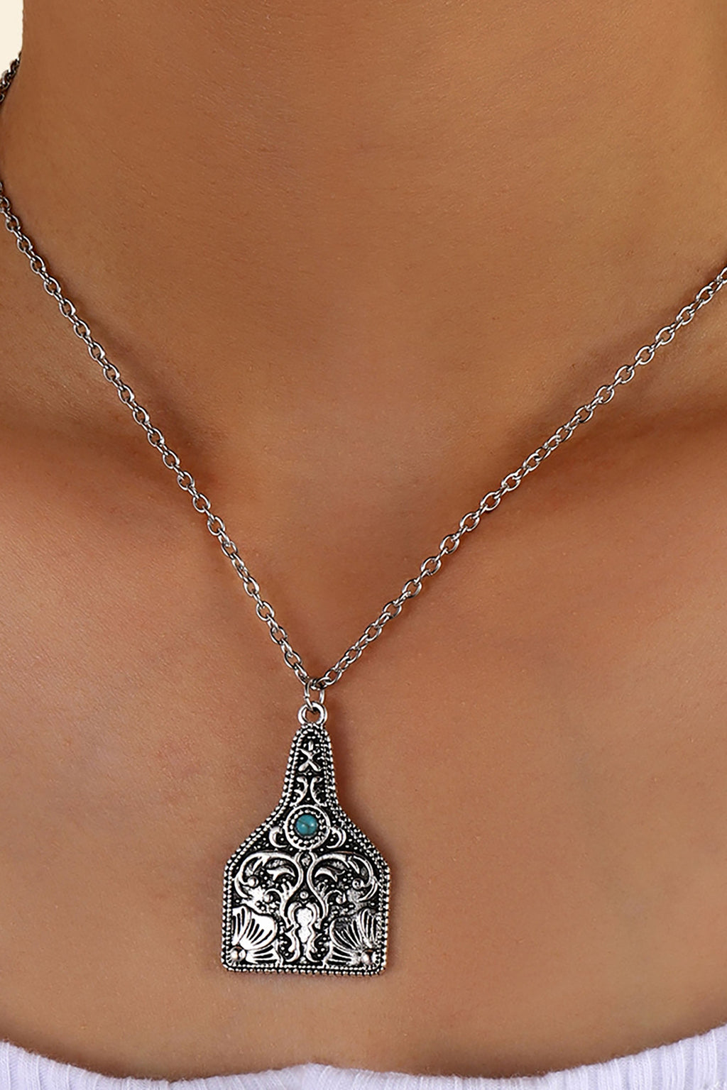 Vintage Engraved Handmade Turquoise Pendant Necklace