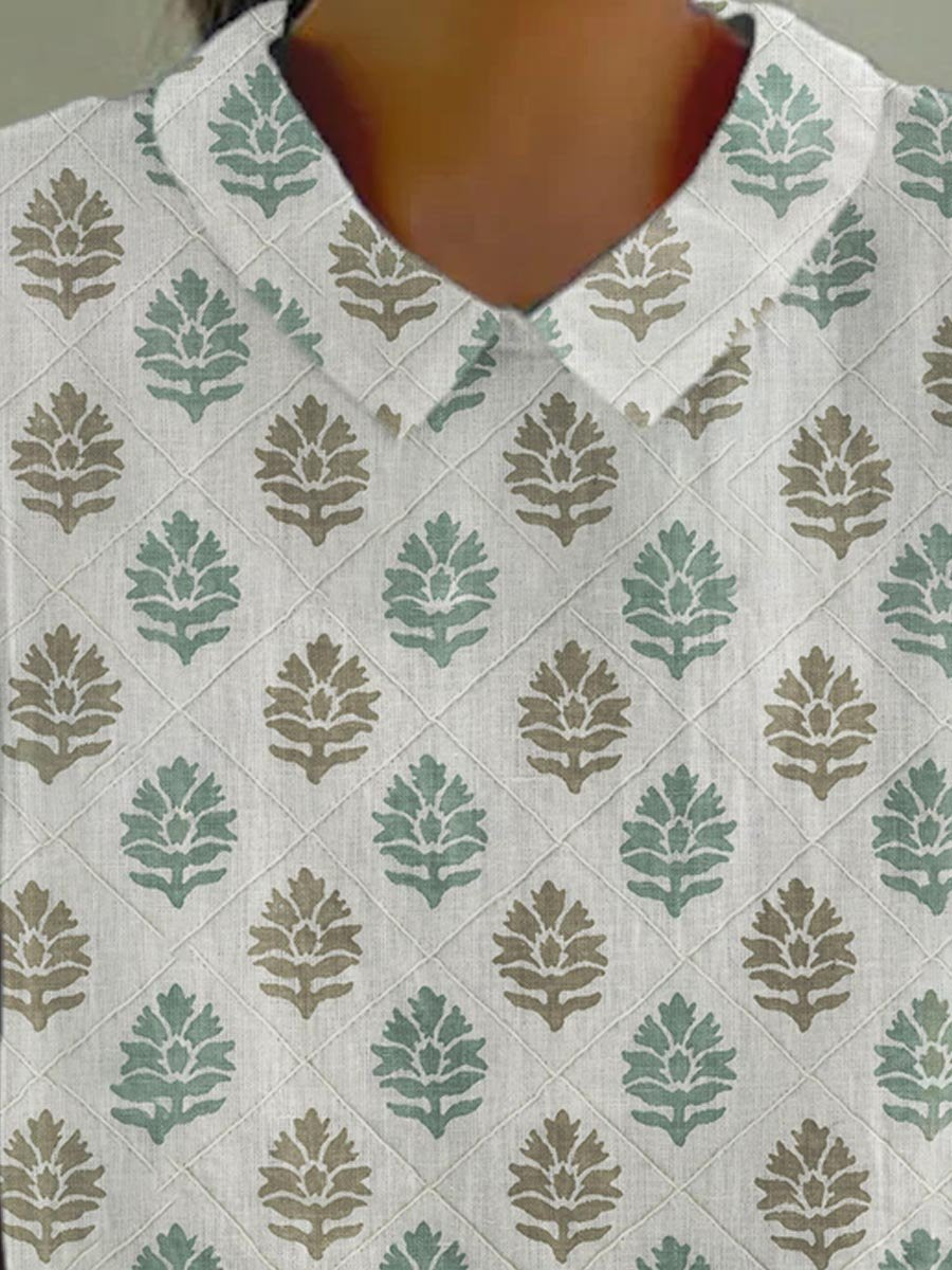 Women's Abstract Geometry Art Pattern Print Casual Cotton And Linen Shirt