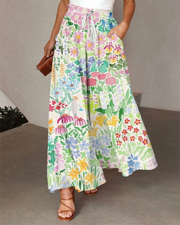 Casual Loose Lace-up Elastic Waist Floral Pants