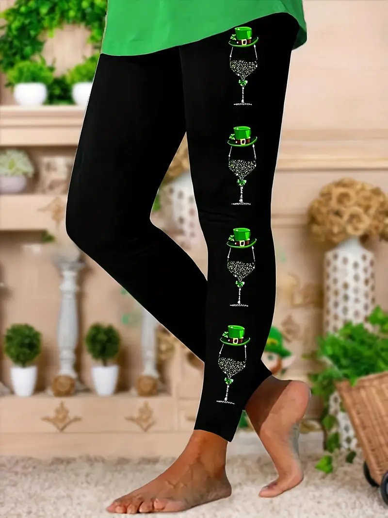 Women's Casual Elastic Waist Stretchy Clover Print Skinny Leggings